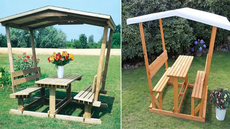 Transform Your Outdoor Space with a Charming and Functional Gazebo Roof Benches with Center Table Made from Recycled Pallets