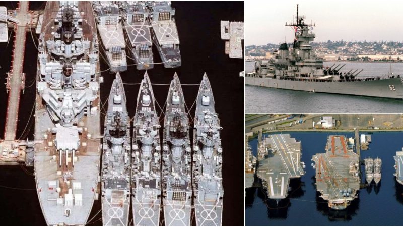 Majestic Relics: Aerial View of the Decommissioned Battleship New Jersey and Knox Class Frigates at Puget Sound