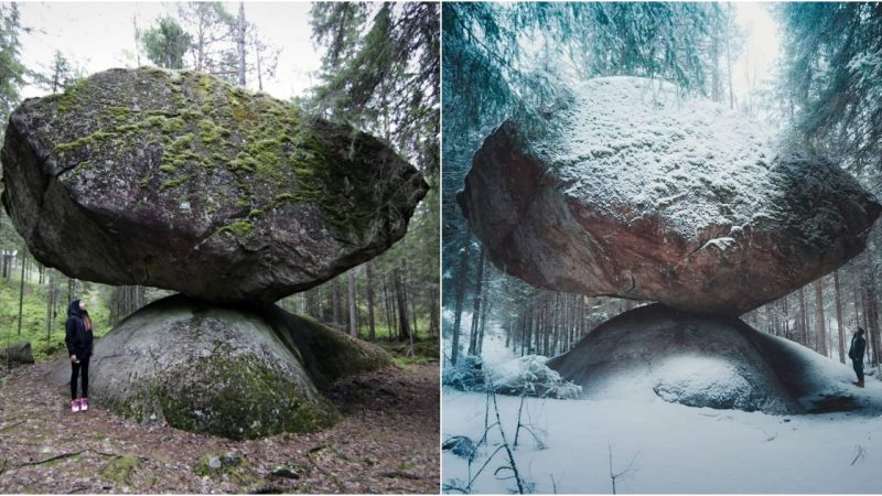 Kummakivi balancing rock in Ruokolahti, Finland. It has been balancing there for many millennia.