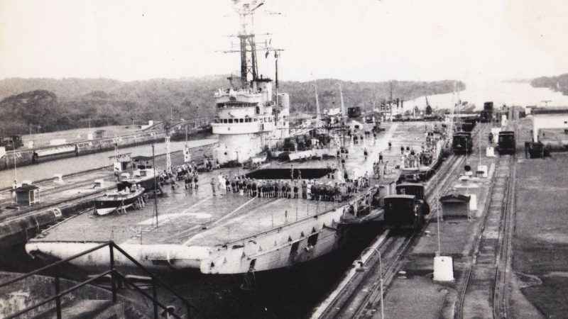 Colossus-Class Carrier HMS Warrior (R31) Navigates Gatun Locks en Route to the Pacific for Operation Grapple, February 1957