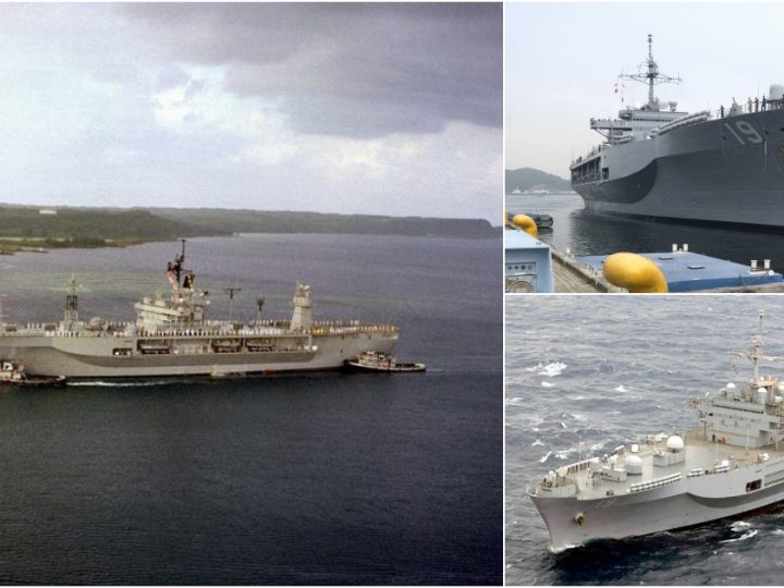 Aerial View of USS Blue Ridge (LCC-19) Entering Apra Harbor, Guam – February 27, 1982